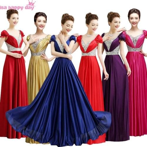 V neck royal purple plus size gold long satin bridesmaid women fall party dress sister of the bride dresses eggplant B2841