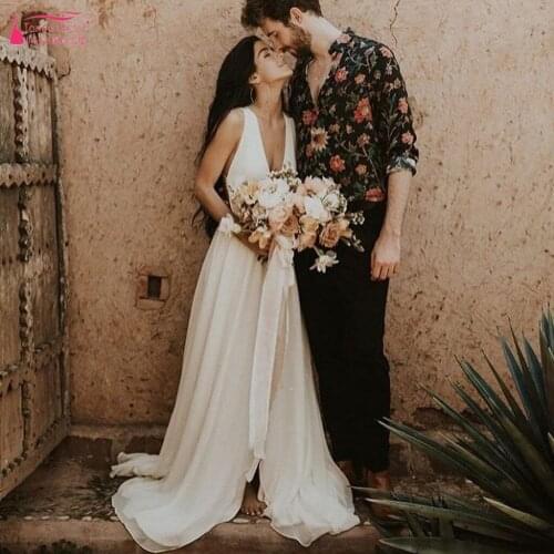 Boho Wedding Dress Summer Chiffon V Neck Long Bohemian Bride Dresses Cross Back Beach Engagement Registration Bridal Gown TB1391