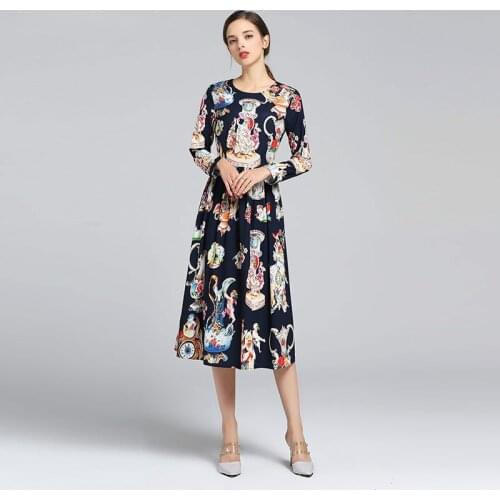 High Quality 2020 Spring Newest Arrival Vintage O-Neck Full Sleeve Goddess Print A-Line Mid-Calf Elegant Vintage Dress vestido