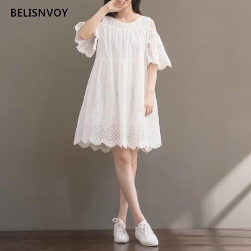 2021 Japanese Mori Girl Summer Women Kawaii Dress Off Shoulder Hollow Out Cute Dress Cotton Linen White Mini Dress For Girls