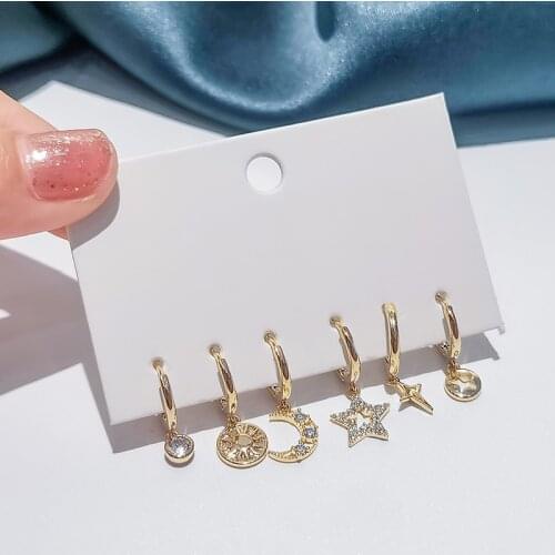 6 pieces/set 925 Sterling Silver Sun Moon Star Hoop Earrings Set For Women Creative Micro Zircon Girl Party Jewelry