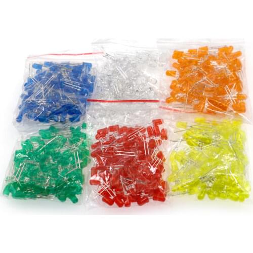 600pcs(6 colors x 100pcs) White Red Green Blue Yellow Orange 5mm LED Diffused Light-Emitting Diode 3V Lamp Assorted Kit Set