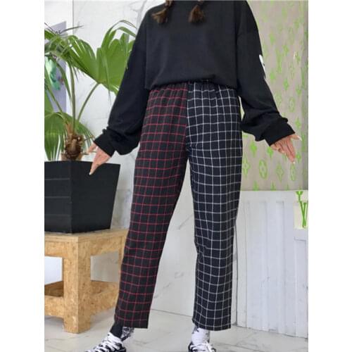 Fashion Vintage Plaid Patchwork Pants Harajuku Woman Man Trousers Elastic High Waist Pants Casual Straight Pants
