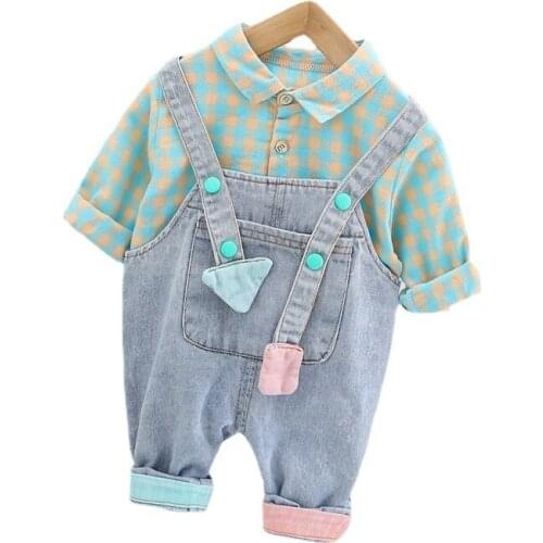 Spring Autumn Children Plaid Clothes Baby Boys Girls Shirt Pants 2Pcs/sets Infant Cotton Sportswear Kids Toddler Casual Overalls
