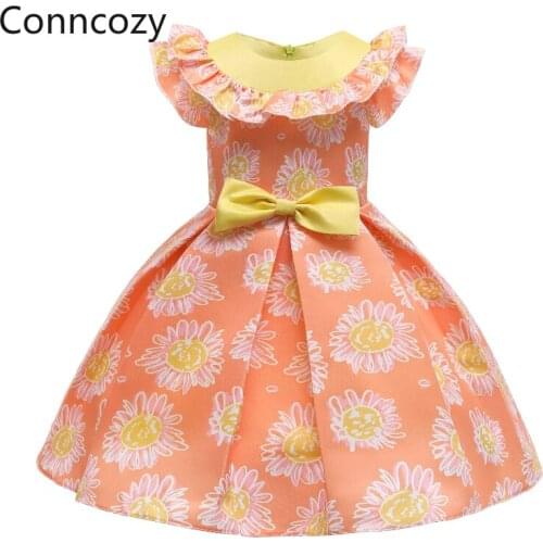 Childrens Dress 2021 Childrens Clothing Spring Summer New Girl Orange Flower Print Princess Dress Party Dress for Kids Girl