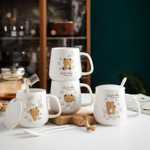 Cartoon Bear Mug with Cover with Spoon Lovely Animal Simple Lovers Ceramic Cup Nordic Style Exquisite Material Casual Coffee Cup