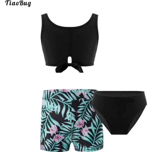 TiaoBug 3Pcs Kids Girls Print Swimwear U Neck Sleeveless Crop Tops With Briefs And Shorts Set Beach Pool Bathing Swimsuit Bikini
