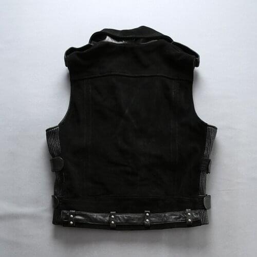 Fashion Genuine Men Slim Fit Cowskin Leather Motorcycle Biker Vest Turn-down Collar Short Coat