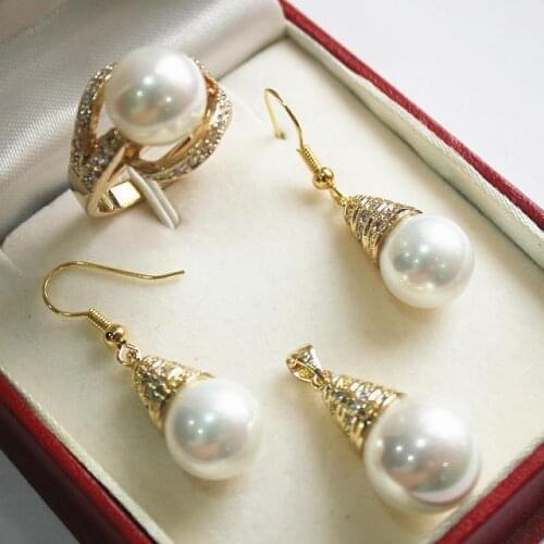 Wholesale good noble new jewelry white 18KGP + 12mm shell pearl pendant, earring, , ring set -jewelry