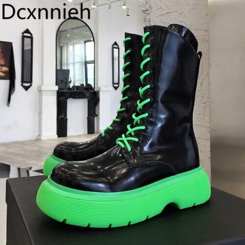 New Autumn Green Thick Sole Knee High Boots Woman Round Toe Leather Lace Up Knight Boots Woman Motorcycle Boots For Woman 2021