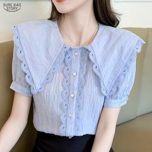 Single Breasted Womens Clothing Summer Lace Women Shirt 2021 Korean Short Sleeve Peter Pan Collar Loose Blouse Women Tops 15219