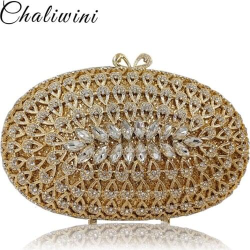 Wholesale Dazzling Gold Hollow Out Crystal Women Evening Bags Diamond Beaded Wedding Clutch Package Bridal Minaudiere Purse