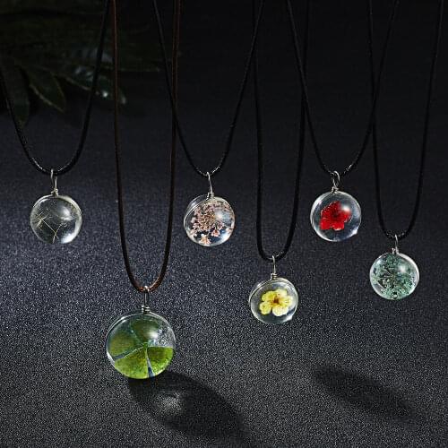 2020 Fashion Flower Round Glass Ball Women Necklace Pendant Black Rope Chain Glass Dried Dandelion Zinc Alloy Jewelry Kid Gift