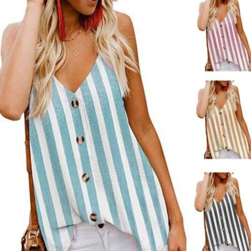 Топ женский Summer New Spaghetti Strap Tank Top Button Down Deep V-Neck Strappy Camisole Striped Printed Casual Loose Sleeveless