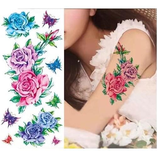Waterproof Temporary Tattoo Sticker Rose Flowers Butterfly Tattoos Body Art Arm Fake Sleeve Tatoo Black Women Girls Wrist