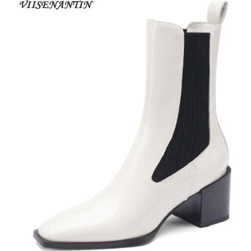 2021 Retro British Style Chelsea Boots Womens Thick-heeled Square Head Leather Stitching High-heeled Fashion Short Boots