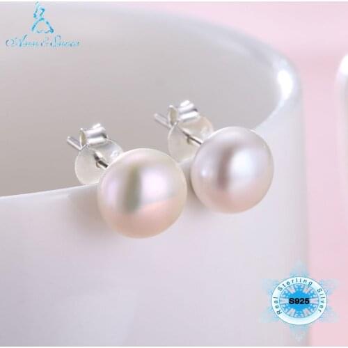Pure 925 Sterling Silver Stud Earrings for Women Korean Gifts for Mom Cute Natural Real Freshwater Pearl Classic Fine Jewelry