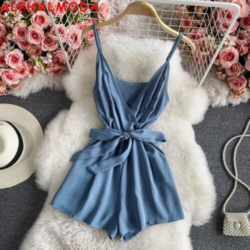 ALPHALMODA 2021 Summer V-neck Suspender Playsuit Women Fashion Solid Color Loose Wide Leg Shorts Salshes Beach Holiday Outfit
