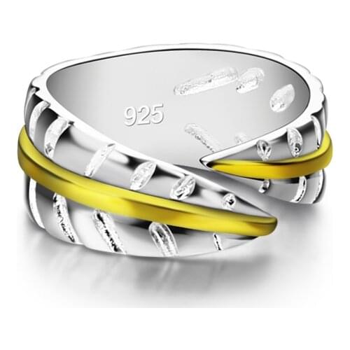 Fashion women 925 sterling silver ring.classic simplicity feather can adjust size separated gold feather Index finger ring