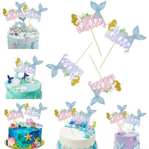10*15.8cm Pink Glitter Little Mermaid Cake Topper For Girl Birthday Party Decoration Ocean Theme Baby Shower Gift Decor Supplies