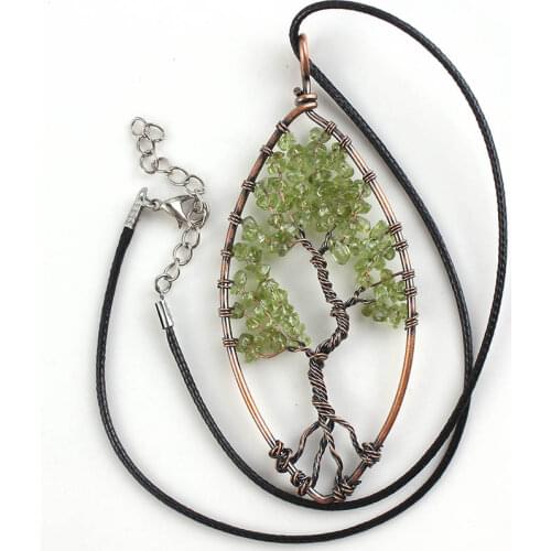 100-Unique 1 Pcs Charm Copper Natural Olivine Stone Tree of Life Marquise Shape Pendant Necklace Fashion Jewelry