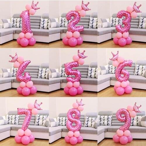 17pcs Pink Blue 32'' Number Foil Balloons with Mini Crown Baby Shower Wedding Birthday Party Decoration Kids Boy Girl Party