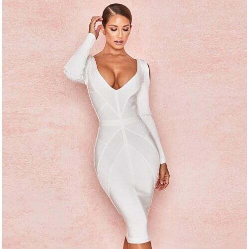 Long Sleeve Bandage Dress Elegant Bodycon V Neck White 2020 Summer Women Dresses Party Club Vestidos