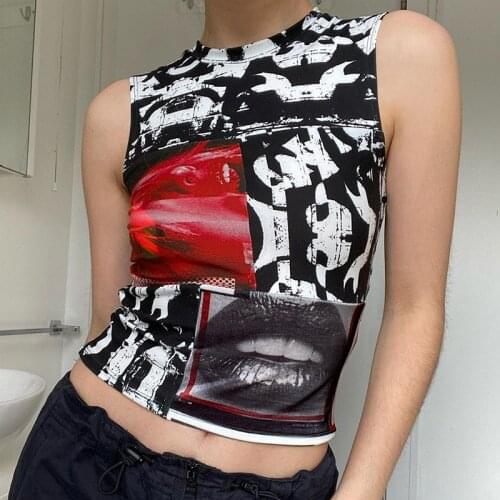 E-girl Harajuku Black Gothic Vintage Print Tank Tops Summer Sleeveless Slim Fit Women Camis 2021 Fashion Sweats Skinny Vests Y2K