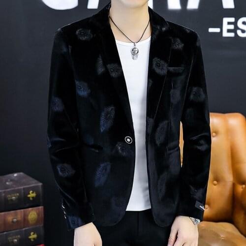HOO 2022 Mens New Spring Velveteen Casual blazerTeenagers Handsome Casual Feather Printed blazer