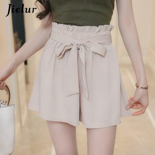 Jielur Fashion High Waist Shorts Women 2021 Summer Oversized Pleated Shorts Korean Pure Color Loose Bow Wide Leg Shorts Female