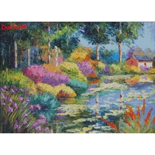 Oil painting Village Lotus pond Arts Needlework Embroidery DIY Cross Stitch Kits Crafts 14CT Unprinted Home Decor Handmade