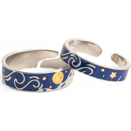 Uloveido 925 Sterling Silver Van Gogh Star Couple Ring Korean Fashion Elegant Sea Blue Ring SALRG108
