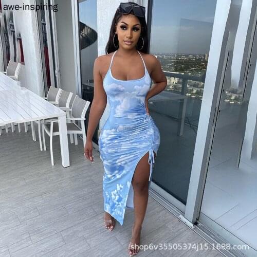 Summer Dress Drawstring Fashion Sexy Bodycon Sleeveless Wrap Split Rope Sling Maxi Dresses Side Slit Backless Halter Tie Dye