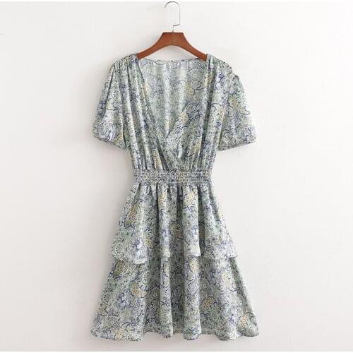 Summer ladies floral print dress ethnic style retro cake dress elastic waist party dress