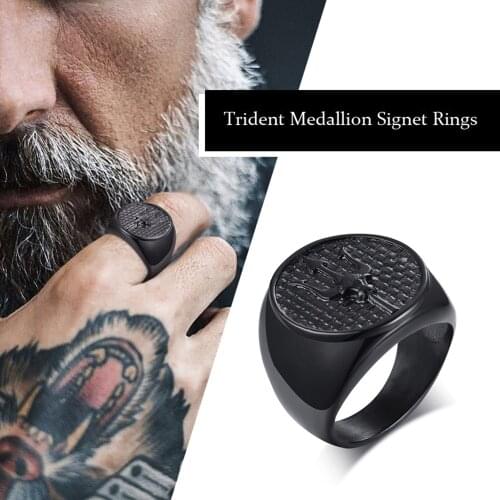 CFBulongs Retro Titanium Steel Neptune Trident Weapon Casting Mens Ring Stainless Steel Black Poseidon Astrology Jewelry