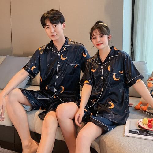 New Lovers Silk Pajamas Set Moon Stars Long Sleeved Casual Sleepwear Summer Couple Sexy Nightwear Men & Women Loungewear M-3XL