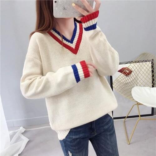 Fall / Winter 2020 Korean Pullover Casual Loose And Versatile Basic V-neck Color Contrast Sweater For Women Jersey Mujer En