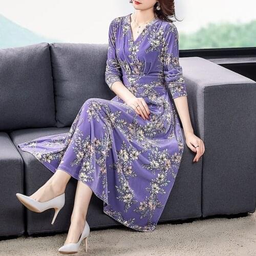 2021 Fall Winter Purple Floral Velvet Midi Dresses Korea Vintage 3XL Plus Size Long Dresses Women Elegant Bodycon Party Vestidos