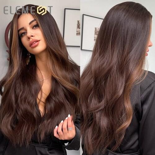 Element Synthetic Long Wavy Curly Dark Brown Middle Part Hair Wigs for White Black Women Heat Resistant Cosplay Party Daily Wig
