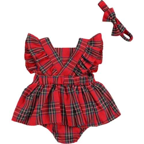 Newborn Girls Dress Romper Childrens Christmas Costume Plaid Butterfly Sleeve Jumpsuit with Bow Headband 2-piece Suits