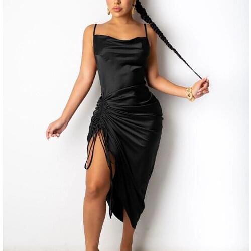 Spring Summer Lady Sexy Dresses V Neck Backless Slim Elegant Satin Dress Sleeveless Pleated Long Fashion Camisole Knee Length
