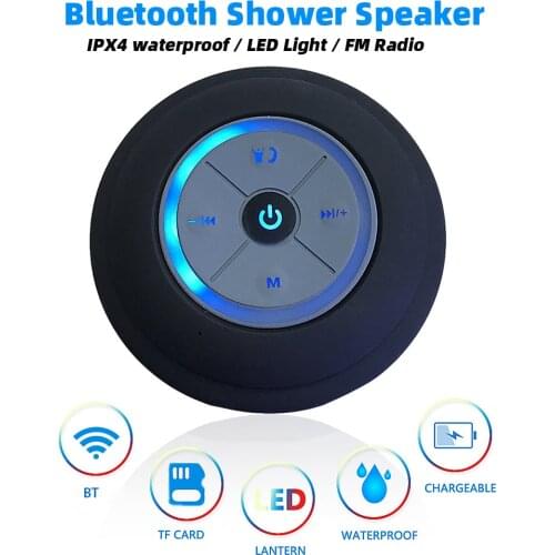 Portable Bluetooth Speaker Wireless Waterproof Shower Speaker with FM Radio LED Light Bluetooth Soundbar Hand Free Loudspeaker