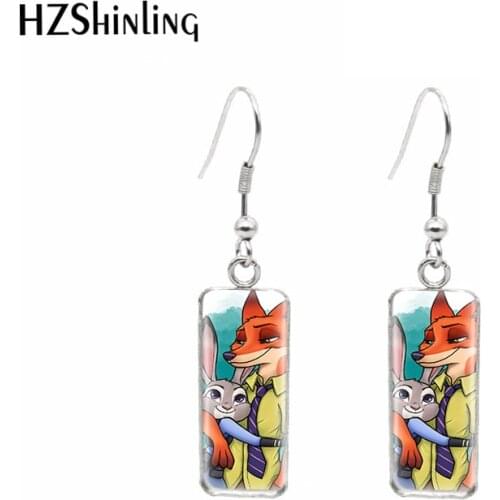 Disney World Zootopia Characters cartoon Rectanglur Hook Earrings Glass Cabochon Sweet Ear Accessories for Girls