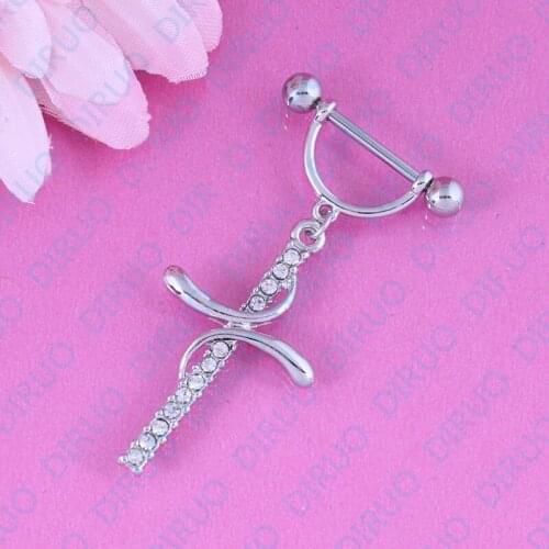Retail 2 pieces/lot Rhinestone Cross fashion Nipple ring body Piercing jewelry 14G 316L surgical steel bar Nickel-free