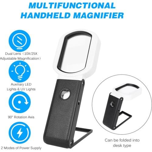 Handheld Magnifier Magnifying Glass 10X/25X Adjustable Magnification Foldable Square Reading Mirror with 6 LED Lights 2 UV Light
