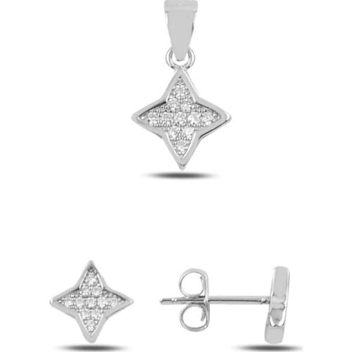 Silverlina Silver Zircon Stone Quatrefoil Earrings & Pendant Set