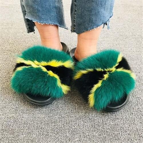 Ladies New Summer Real Fox Fur Slides Girl Home Cute Fluffy Fur Slippers Women Casual Plush Sandals Fashion Brand Luxury Shoes