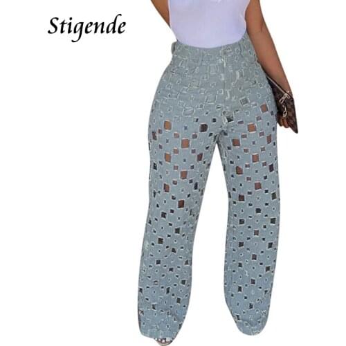 Stigende Women Wide Leg Sexy Hollow Out Jeans Pants Midi Waist Solid Hole Loose Denim Pants Casual Button Zipper Summer Trousers