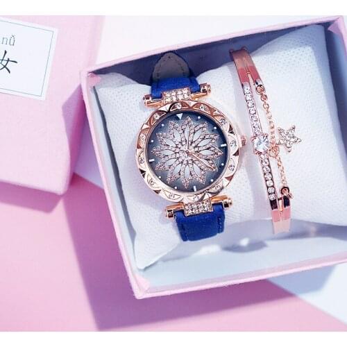 Watches Bracelet Women Leather Band Watch Flower Rhinestone Quartz Wrist Watch Ladies Starry Sky Clock Relogio Feminino