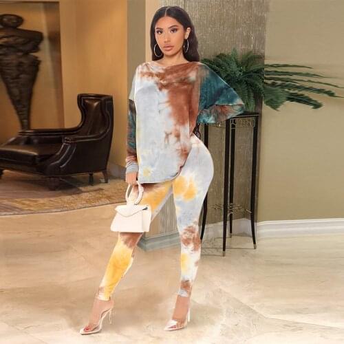 Tie Dye Print 2 Piece Set Women Casual Loose Long Sleeve T-shirt Tops and Bodycon Sweatpant Autumn High Waist Backless Outfit
